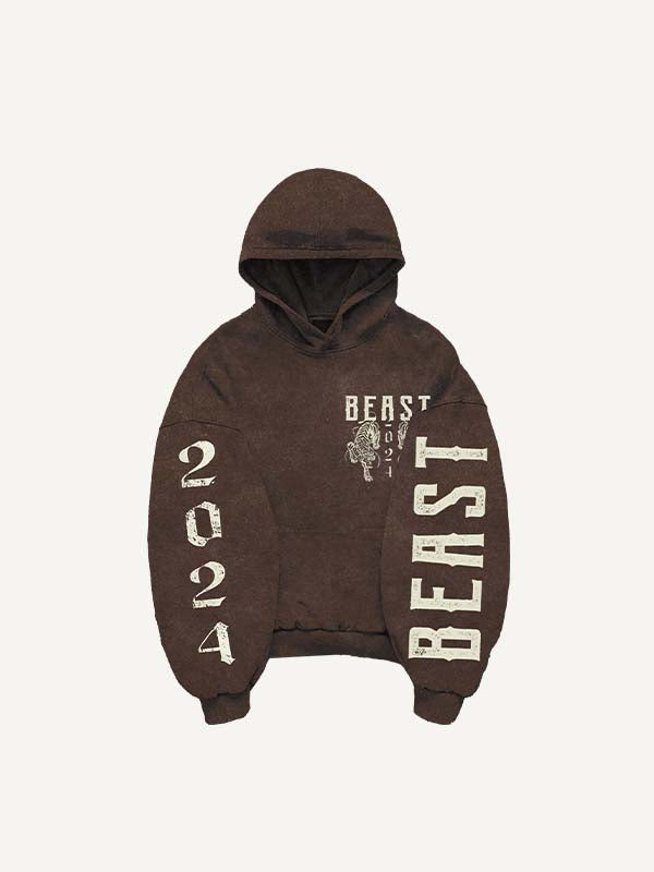 Tiger&Letter Print Slant Pockets Hoodie