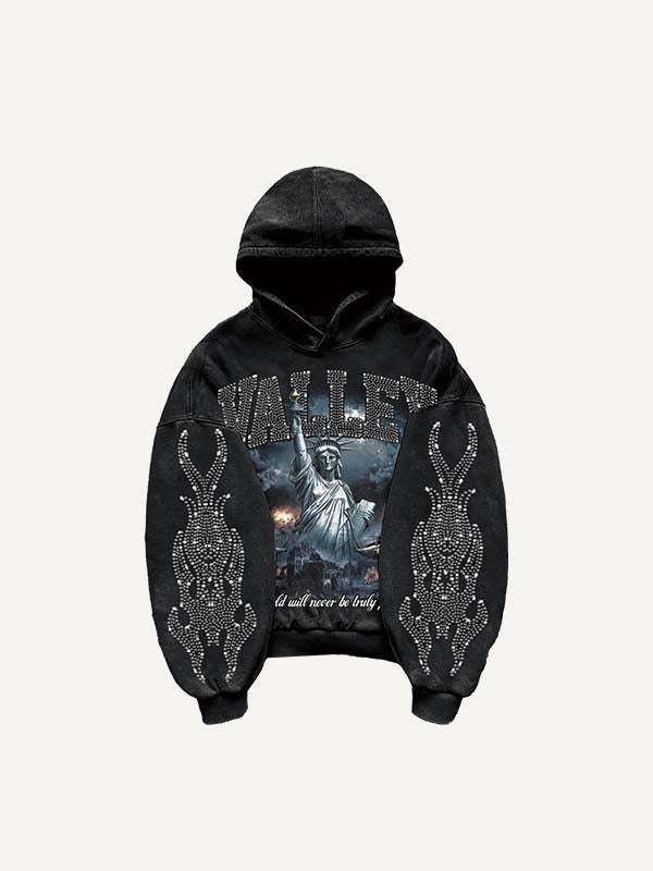 Statue Of Liberty&Letter&Graphic Faux Rhinestones Print Slant Pockets Hoodie