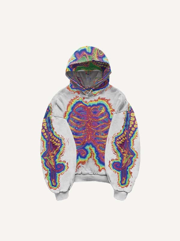 Skeleton&Octopus Print Slant Pockets Hoodie