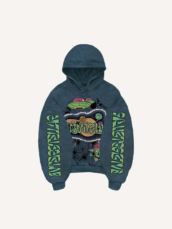 Planet&UFO&Skull&Letter Faux Decal Print Slant Pockets Hoodie