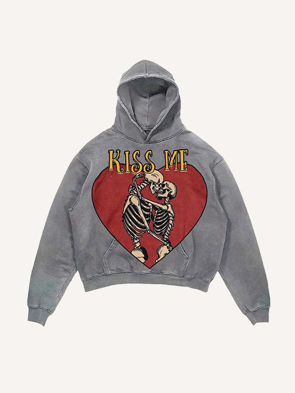 Distressed Washed Skeleton&Kiss Me Print Slant Pockets Hoodie