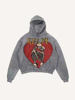Distressed Washed Skeleton&Kiss Me Print Slant Pockets Hoodie