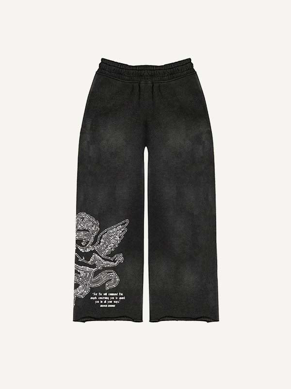 Angel&Fire&Letter Faux Rhinestones Print Elastic Waist Pants