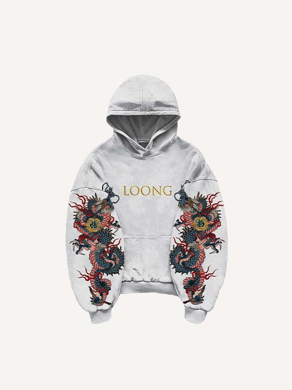 Dragon&Letter Print Slant Pockets Hoodie