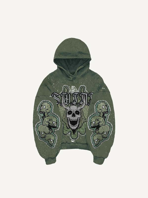 Skull Faux Decal Print Slant Pockets Hoodie