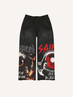 Eye&Palm&Letter Faux Rhinestones Print Elastic Waist Pants