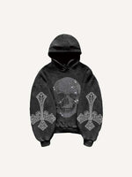 Skull&Wing&Cross Faux Rhinestones Print Slant Pockets Hoodie