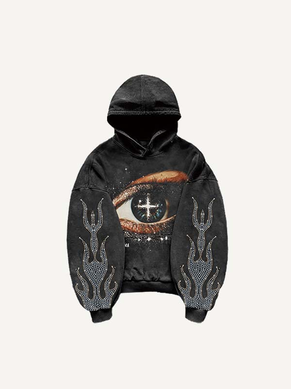 Eye&Fire&Letter Faux Rhinestones Print Slant Pockets Hoodie