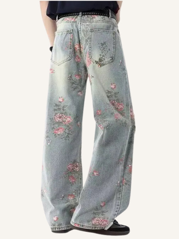 Rose Print Hole Straight Jeans