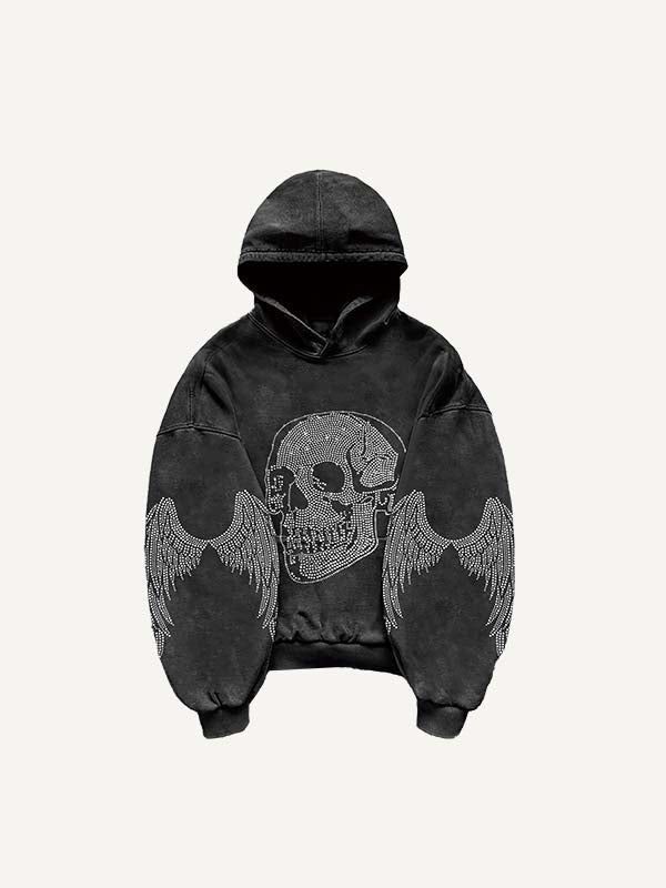 Skull&Wing Faux Rhinestones Print Slant Pockets Hoodie