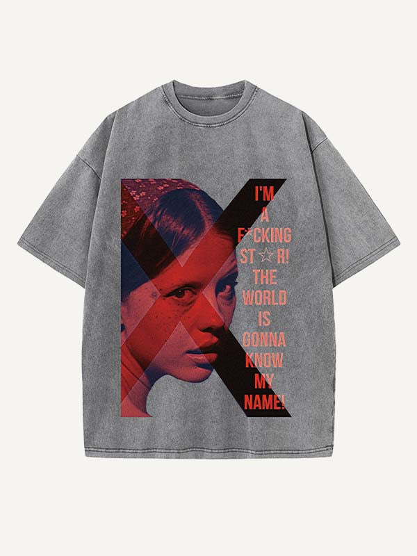 Distressed Washed Figure&Letter Print Round Neck T-shirt