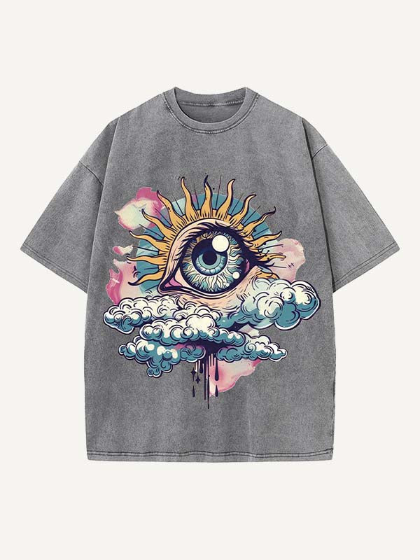 Distressed Washed Eye&Cloud Print Round Neck T-shirt