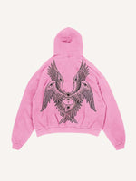 Distressed Washed Wing&Eye&Graphic Print Slant Pockets Hoodie