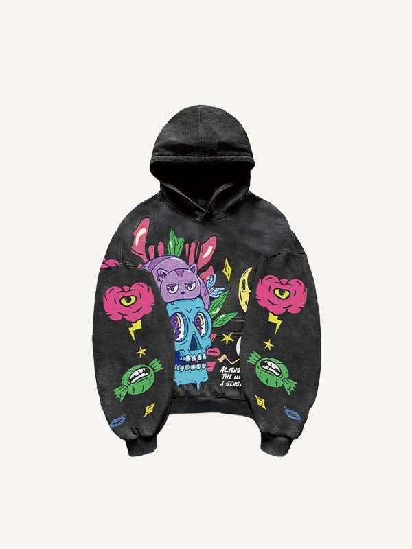 Skull&Cat&Eyeball&Graphic Print Slant Pockets Hoodie