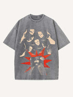 Distressed Washed Figure&Letter Print Round Neck T-shirt