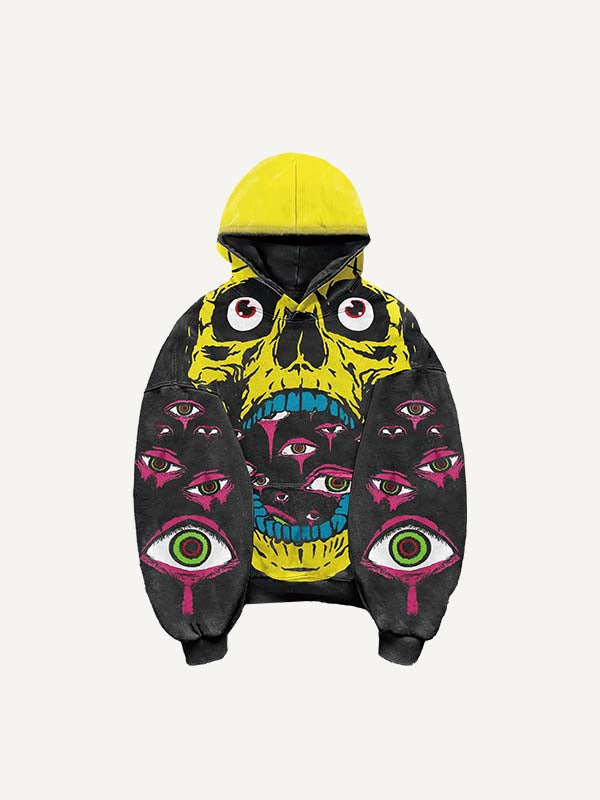 Skull&Eye Print Slant Pockets Hoodie