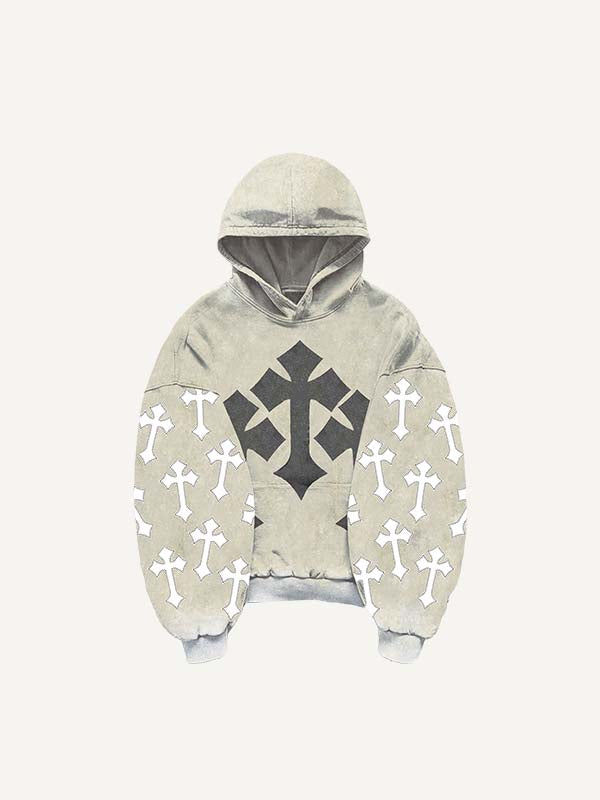 Cross Faux Decal Print Slant Pockets Hoodie