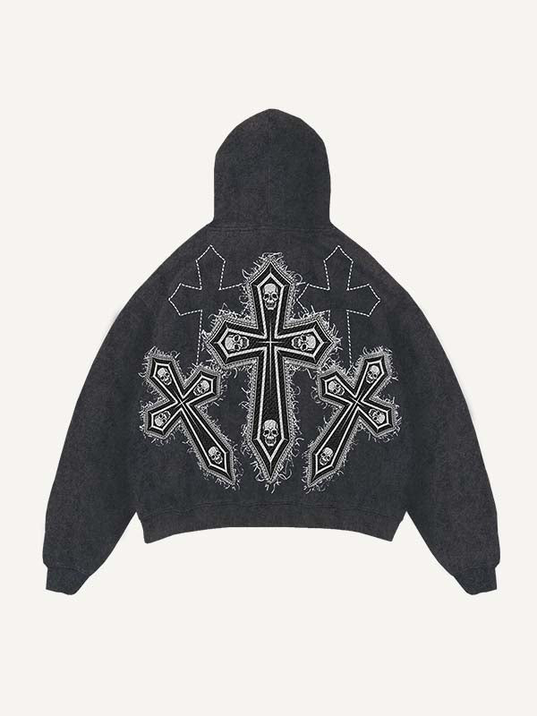 Distressed Washed Skull&Cross Faux Decal Print Slant Pockets Hoodie
