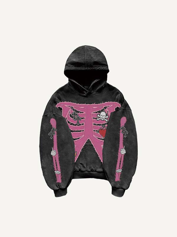 Skeleton&Heart&Cross&Gesture Faux Decal Print Slant Pockets Hoodie