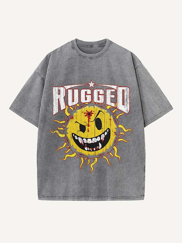 Distressed Washed Evil Sun&Letter Print Round Neck T-shirt