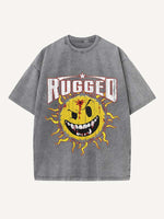 Distressed Washed Evil Sun&Letter Print Round Neck T-shirt