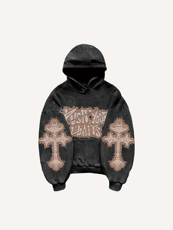Vampire Fangs&Cross&Letter Faux Decal Print Slant Pockets Hoodie