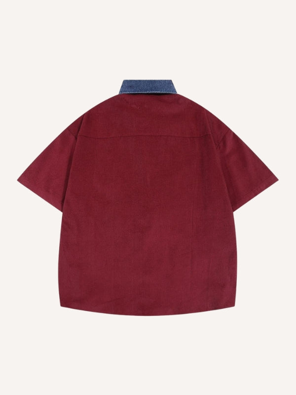 Figure&Letter Embroidery Splicing Denim Collar Shirt