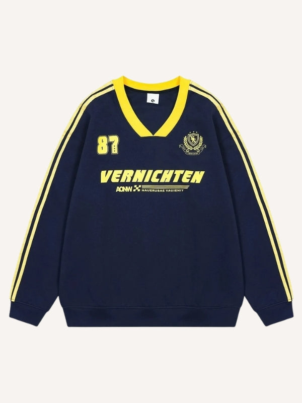 Letter&Stripe Print V Neck Knit Sweater