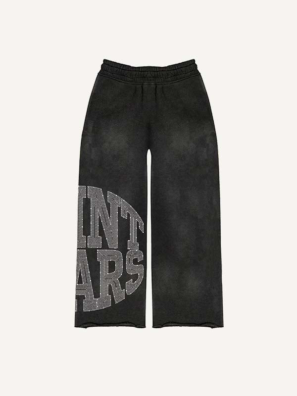 Mary&Pray&Letter Faux Rhinestones Print Elastic Waist Pants