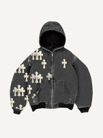 Cross Faux Decal Print Zip Up Hooded Coat