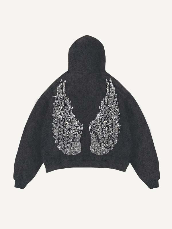 Distressed Washed Demon&Wing&Letter Faux Rhinestones Print Slant Pockets Hoodie