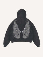 Distressed Washed Demon&Wing&Letter Faux Rhinestones Print Slant Pockets Hoodie
