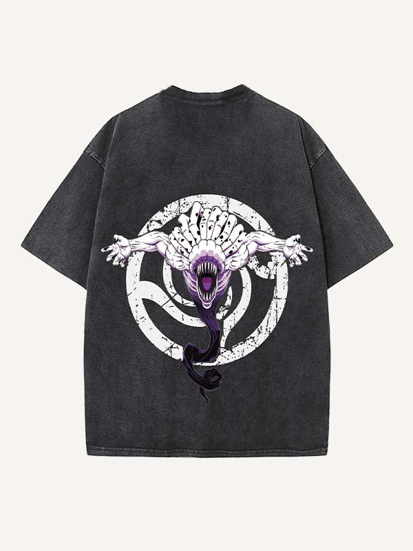 Distressed Washed Figure&Sword&Monsters&Letter Print Round Neck T-shirt