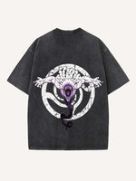 Distressed Washed Figure&Sword&Monsters&Letter Print Round Neck T-shirt