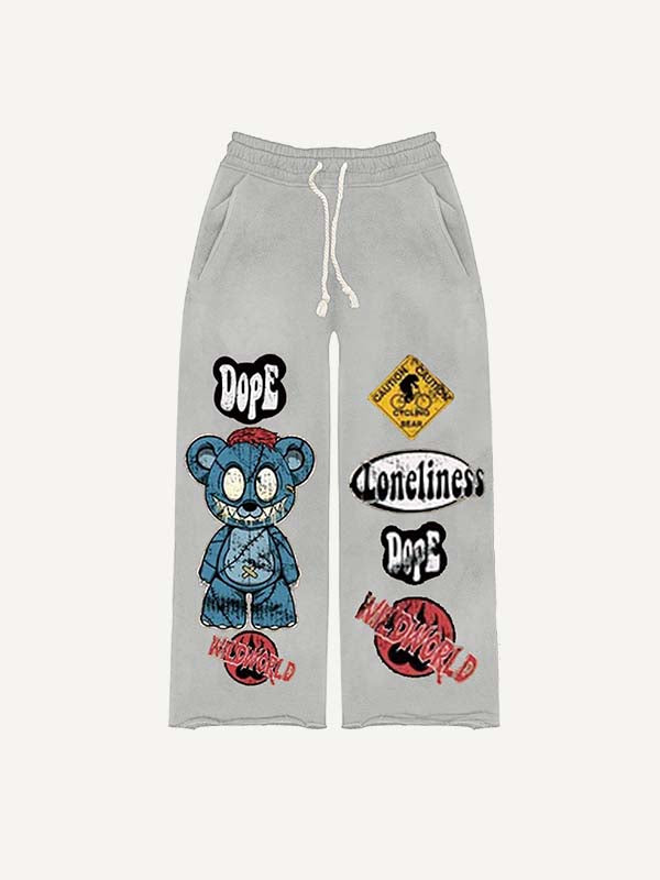 Bear&Graphic&Letter Faux Decal Print Elastic Waist Pants