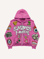 Smiley Face&Alien&Skeleton&Money&Wing&Eyeball&Letter&Graphic Faux Decal Print Zip Up Hooded Coat