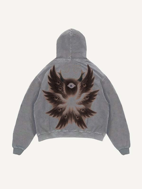 Distressed Washed Wing&Eye&Graphic Print Slant Pockets Hoodie