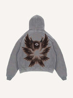 Distressed Washed Wing&Eye&Graphic Print Slant Pockets Hoodie