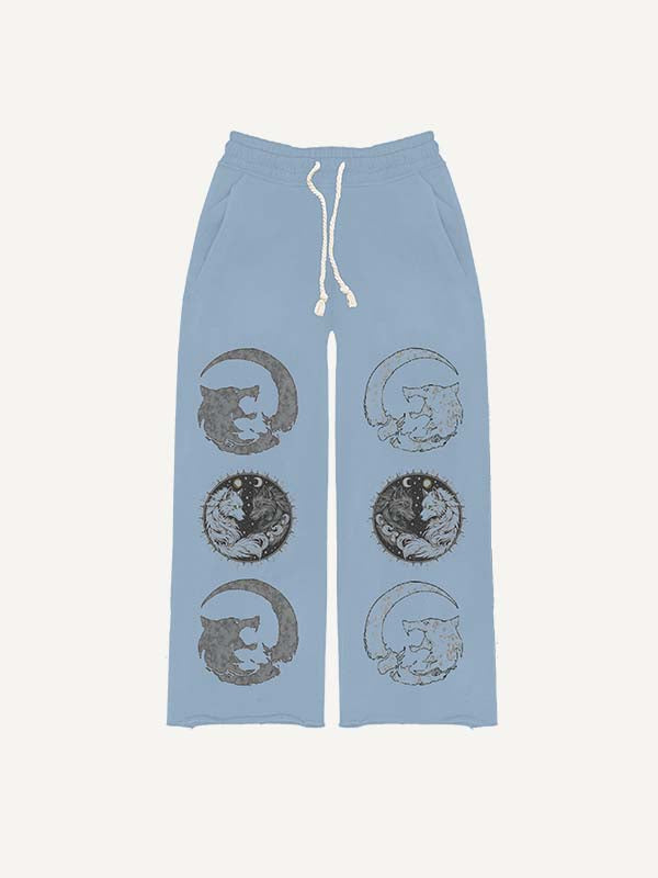 Wolf&Sun&Moon&Letter Print Elastic Waist Pants