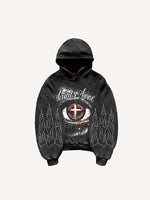 Eye&Cross&Mary&Letter Faux Rhinestones Print Slant Pockets Hoodie