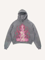 Distressed Washed Pink Fire Skeleton Print Slant Pockets Hoodie