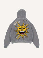 Distressed Washed Evil Moon&Sun&Star&Cloud Print Slant Pockets Hoodie