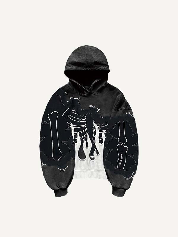 Colorblock Skeleton&Fire Faux Decal Print Slant Pockets Hoodie
