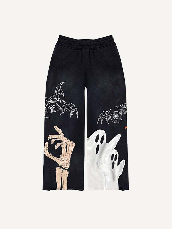 Halloween Pumpkin&Ghost&Skeleton&Eyeball&Wing Faux Decal Print Elastic Waist Pants
