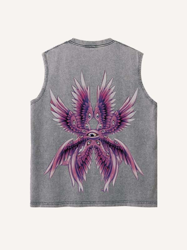 Distressed Washed Eye&Wing Print Round Neck Tank