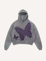 Distressed Washed Butterfly Faux Decal Print Slant Pockets Hoodie