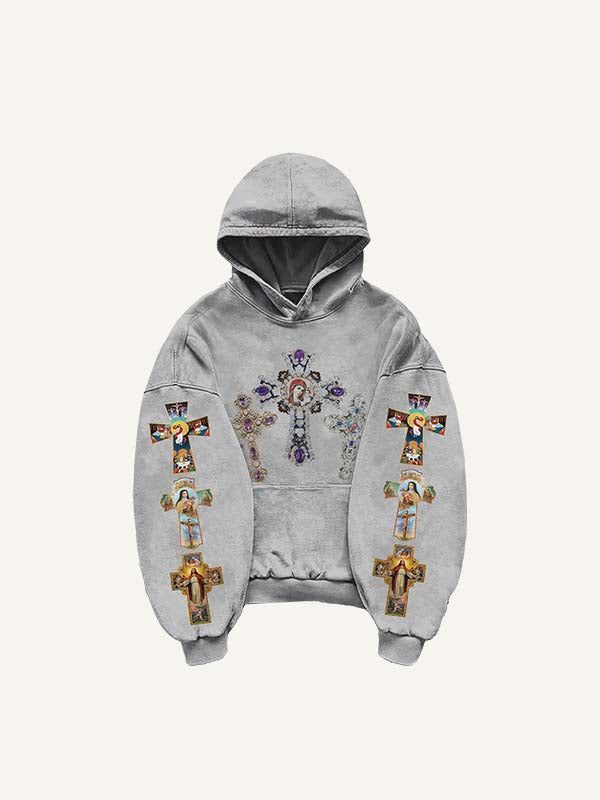 Cross&Figure&Pray&Graphic&Letter Print Slant Pockets Hoodie