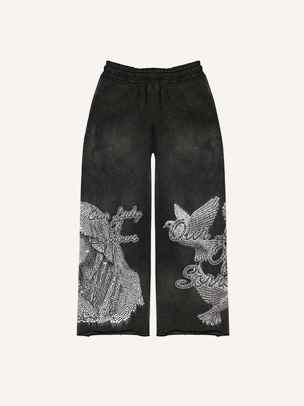 Mary&Pray&Pigeon&Letter Faux Rhinestones Print Elastic Waist Pants