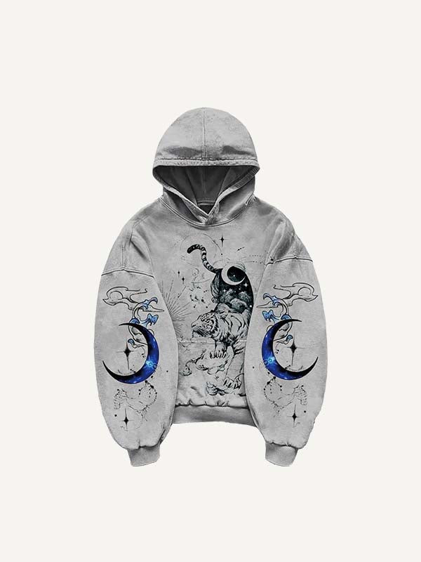 Tiger&Dragon&Phoenix&Sun&Moon Print Slant Pockets Hoodie