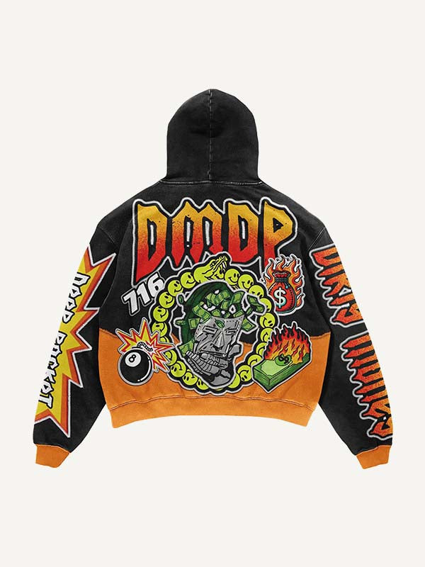 Colorblock Fire&Money&Graphic&Letter Faux Decal Print Slant Pockets Hoodie